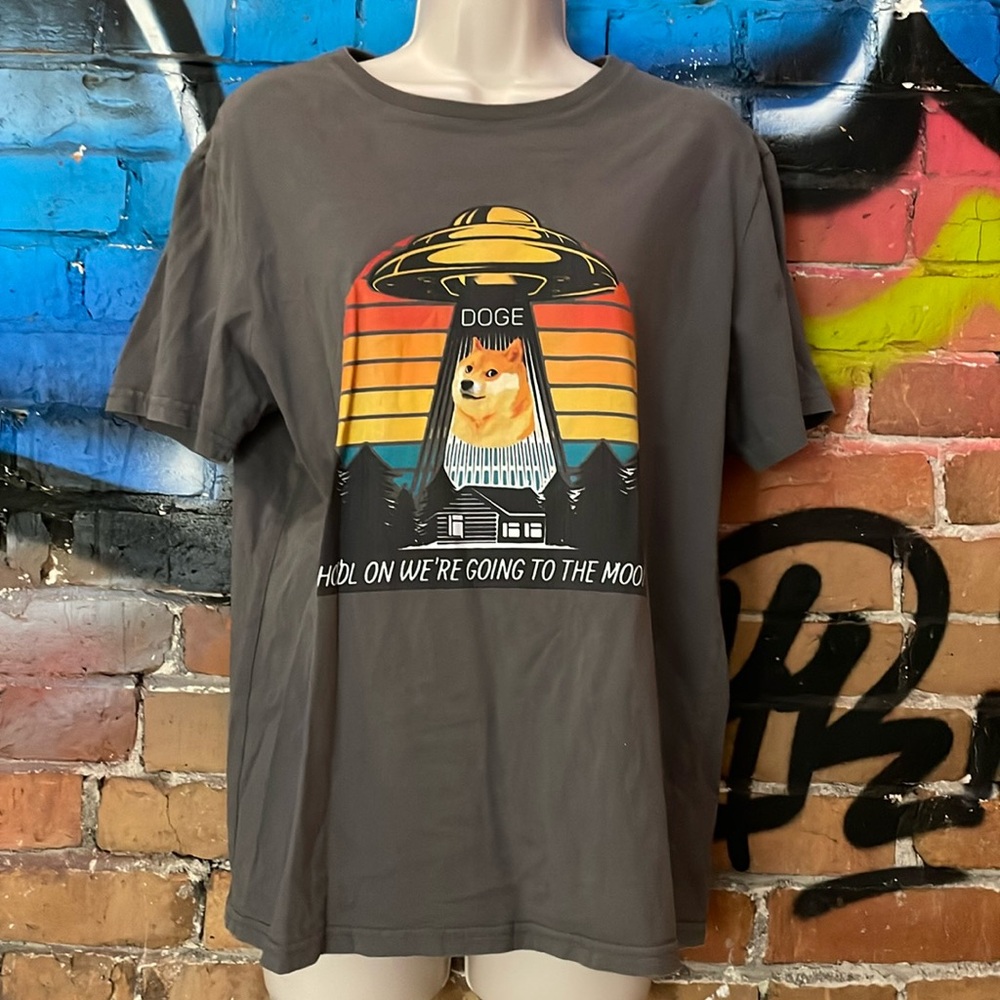 DOGE-grey ‘HODL ON WE’RE GOING TO THE MOON’ vintage short sleeve graphic t-shirt
